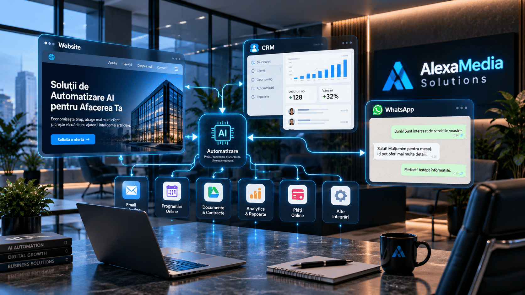 Servicii automatizări AI pentru afaceri – integrare CRM, WhatsApp și Make.com